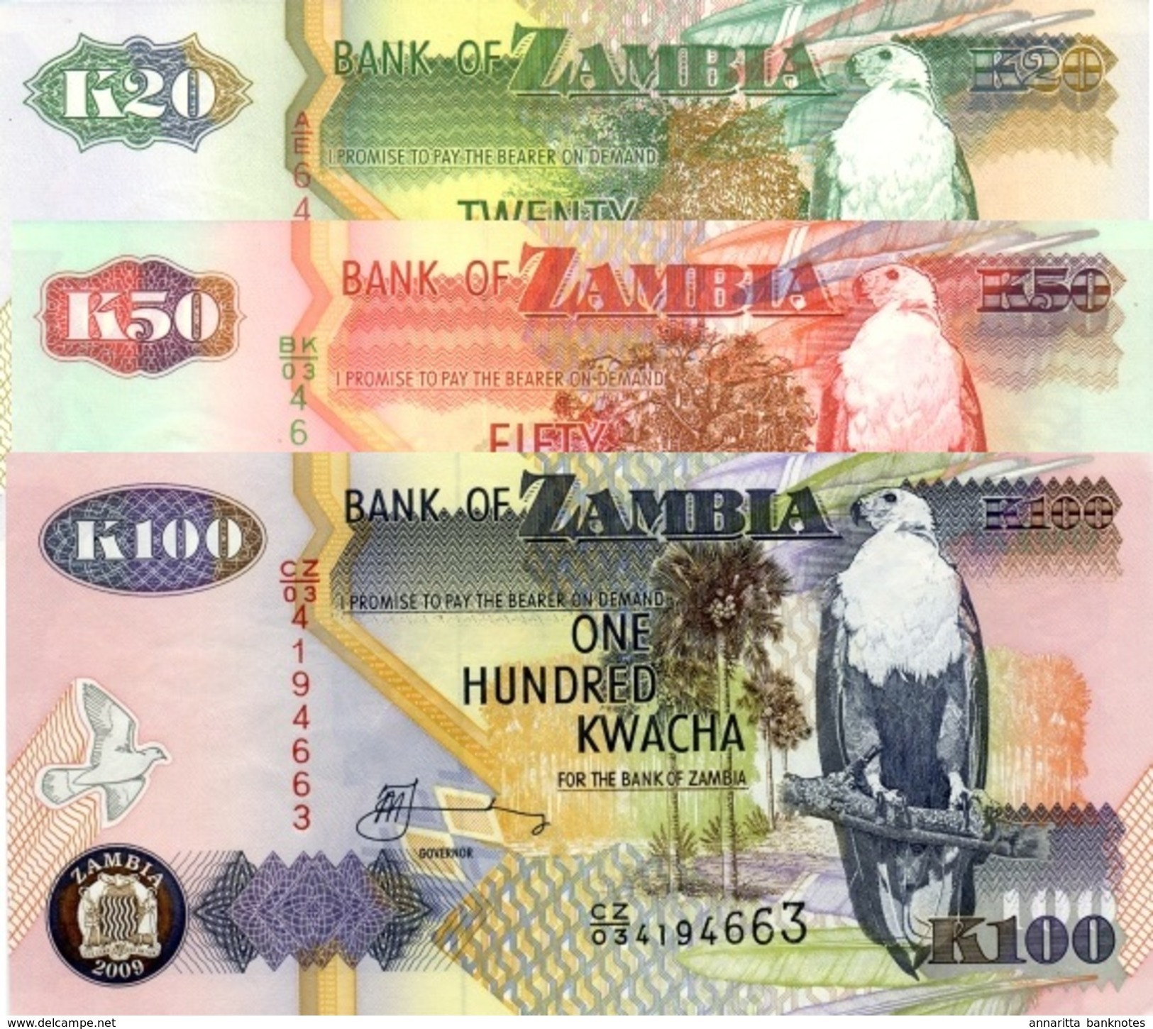 ZAMBIE 20 50 100 KWACHA 1992 - 2009 P-36 37 37 NEUF SET [ZM137-ZM139] - Zambie