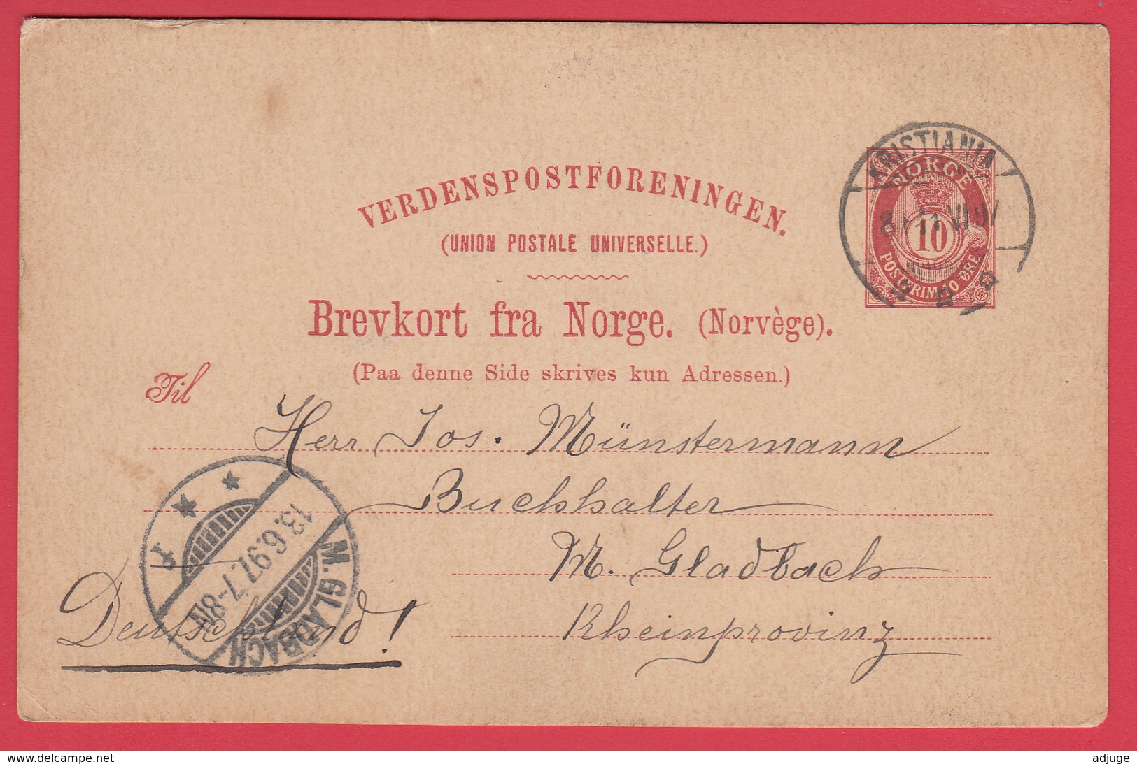 Entier Postal Norvège Année 1897  De KRISTIANA à M.GLADBACH *RARE * TOP * Scann** - Postwaardestukken