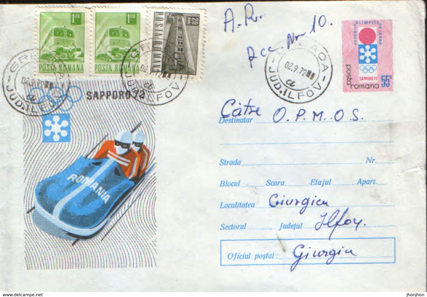 Romania - Postal Stationery Cover Used 1972 -  Winter Olympics, Sapporo -  Bobsleigh - Winter 1972: Sapporo