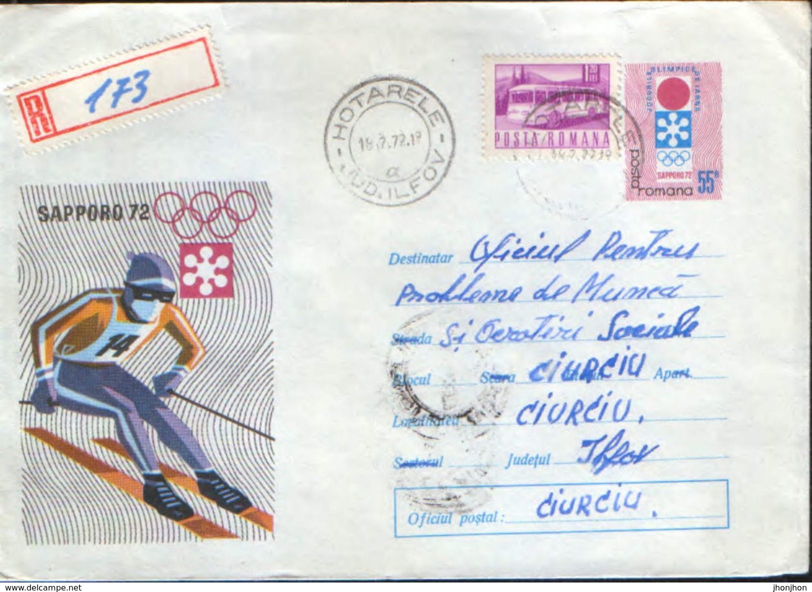 Romania - Postal Stationery Cover Used 1972 -  Winter Olympics, Sapporo - Ski - Winter 1972: Sapporo