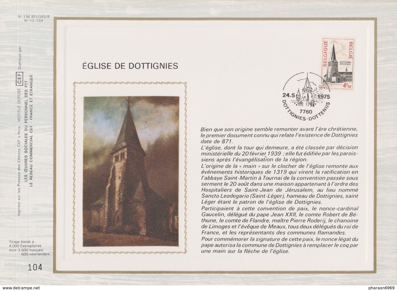 Feuillet Tirage Limité CEF 136 1772 église De Dottignies Dottenijs - 1971-1980