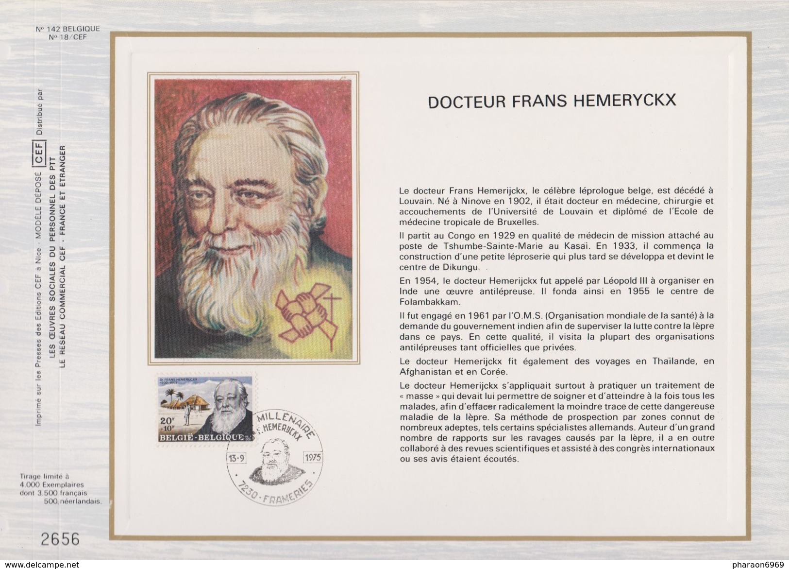 Feuillet Tirage Limité CEF 142 1778 Docteur Frans Hemeryckx - 1971-1980