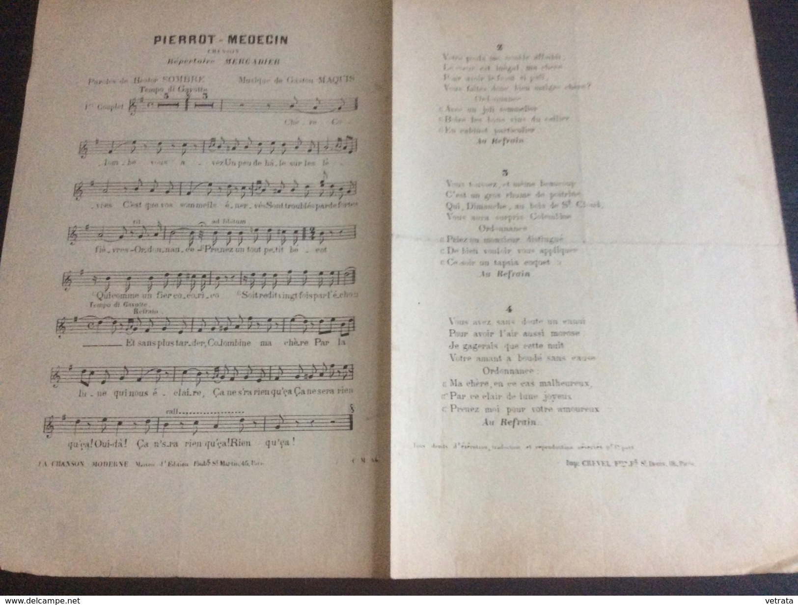 Partition : Pierrot Médecin  (répertoire De Mercadier - La Chanson Moderne Ed .- 2 Feuillets - Début Du Siècle Dernier - - Opéra