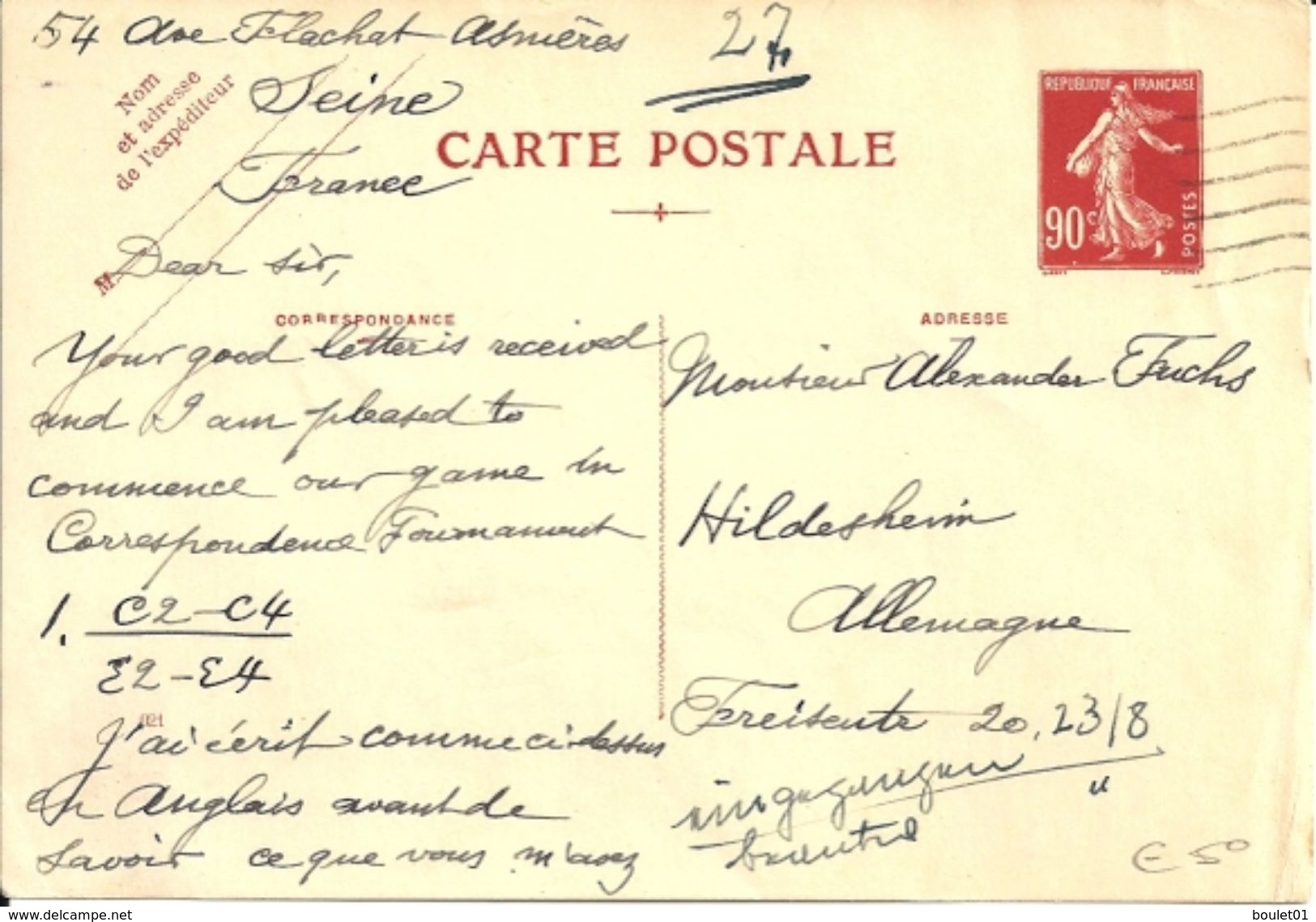 Carte Avec Entier Cp1rouge De 90 C Ayant Circulée (voir Les 2 Scans) - Standard Postcards & Stamped On Demand (before 1995)