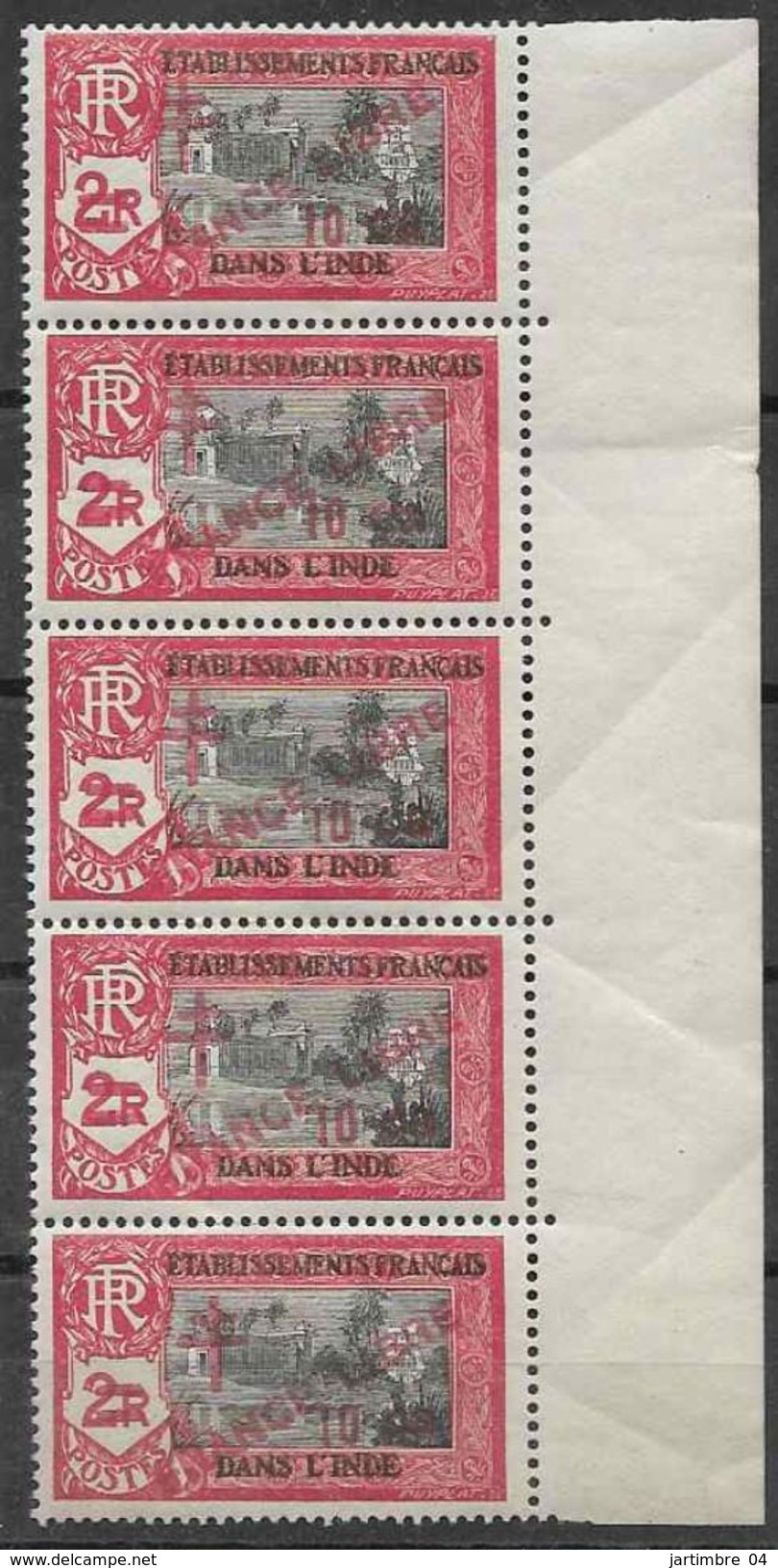 1943 INDE FRANCAISE 205** France Libre , Surchargé, Bloc De 5 - Unused Stamps