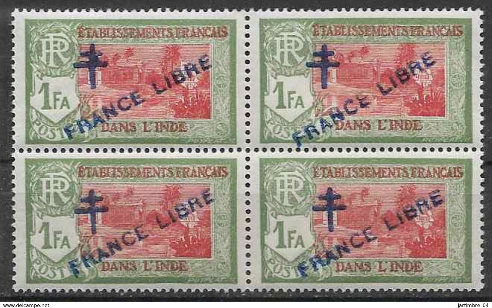 1941-43 INDE FRANCAISE 161** France Libre , Surchargé, Bloc De 4 - Unused Stamps