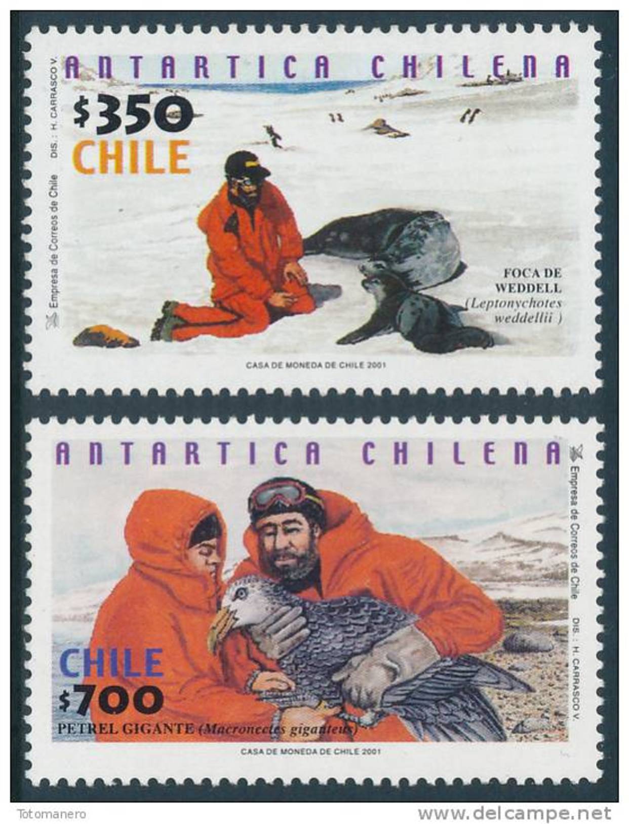 CHILE 2001 ANTARTICA CHILENA Foca De Weddel & Petrel Gigante Set Of 2v** - Faune Antarctique