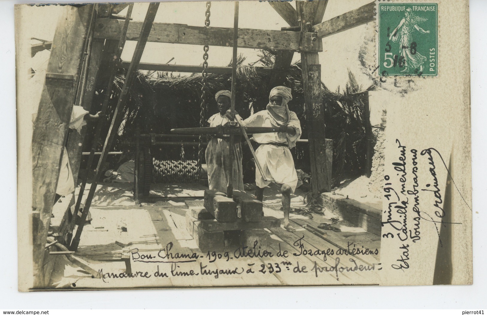 ALGERIE - EL OUED - BOU CHAMA - 1909 - Atelier De Forages Artésiens - Très Belle Carte Photo Manoeuvre Du Lime-tuyaux - El-Oued