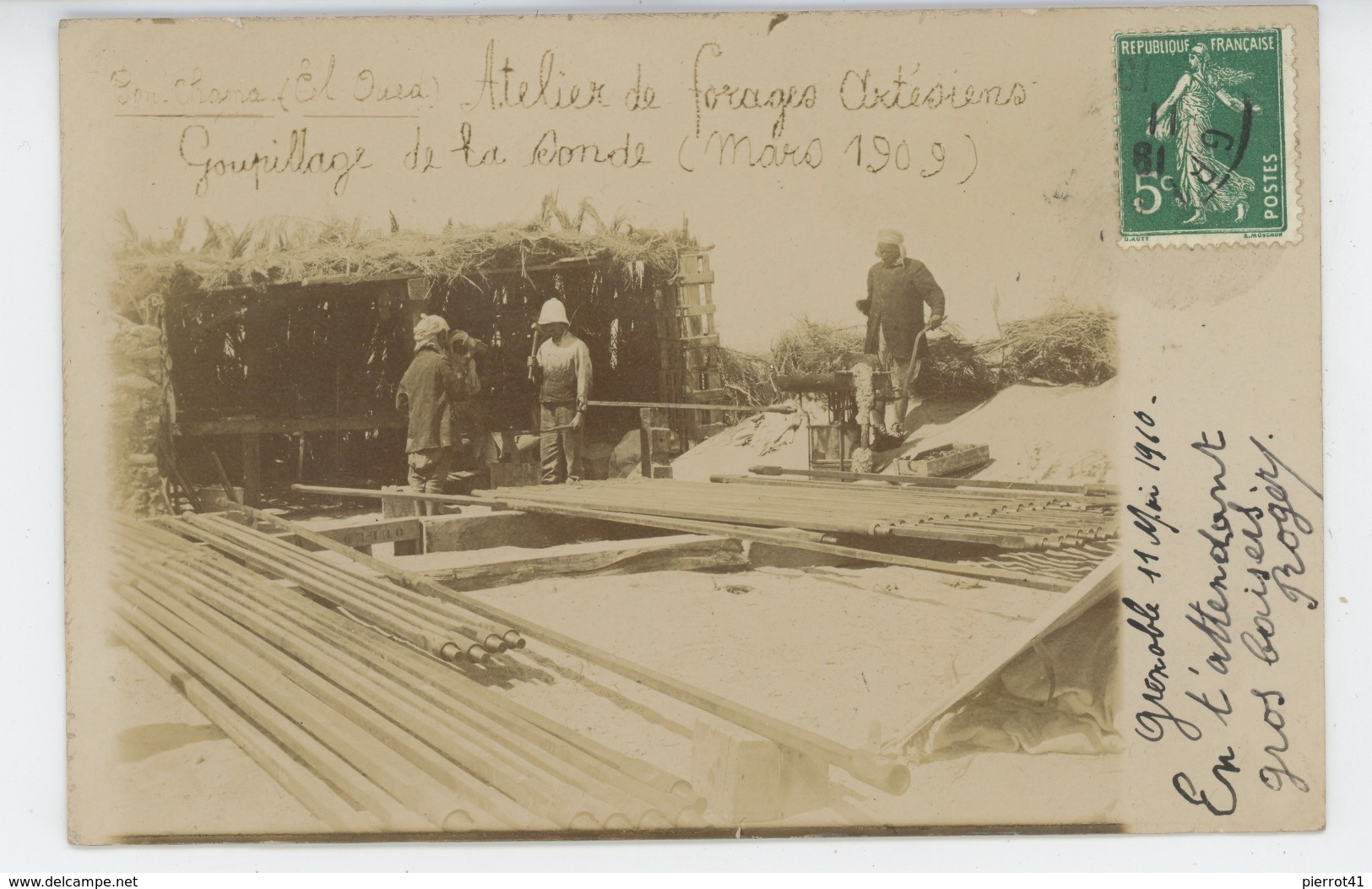 ALGERIE - EL OUED - BOU CHAMA - 1909 - Atelier De Forages Artésiens - Très Belle Carte Photo Goupillage De La Sonde - El-Oued