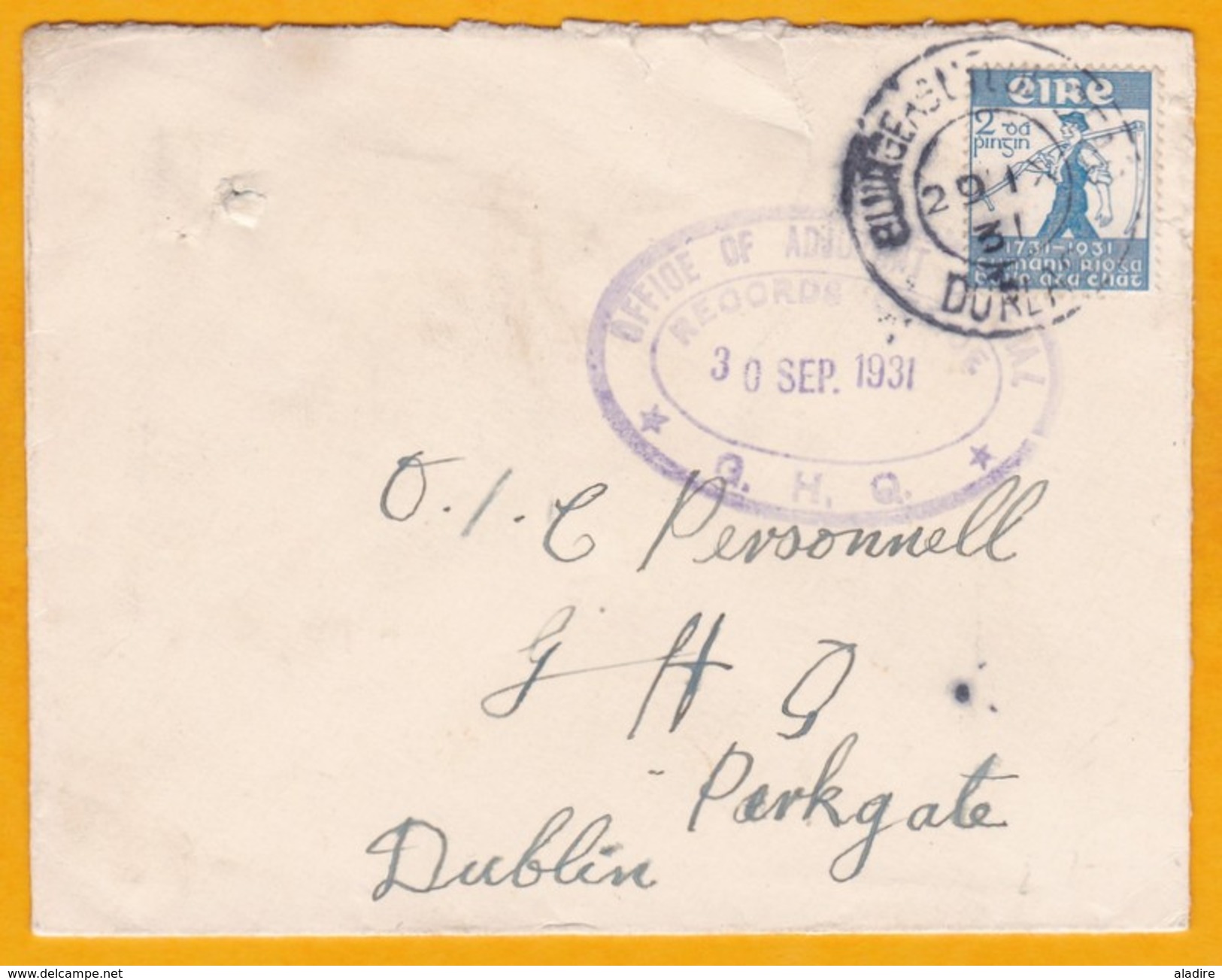 1931 - Enveloppe Du Quartier Général, Dublin, En Ville - YT 59 Bicentenaire De La Société Royale - Timbre à 2p Seul - Lettres & Documents
