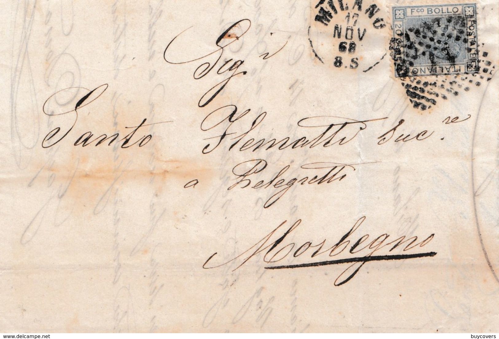 VM156 - Lettera Del 1868 Da Milano A Morbegno Con Cent 20 Azzurro, Bollo " Natante COMO-COLICO" Sul Verso . - Storia Postale