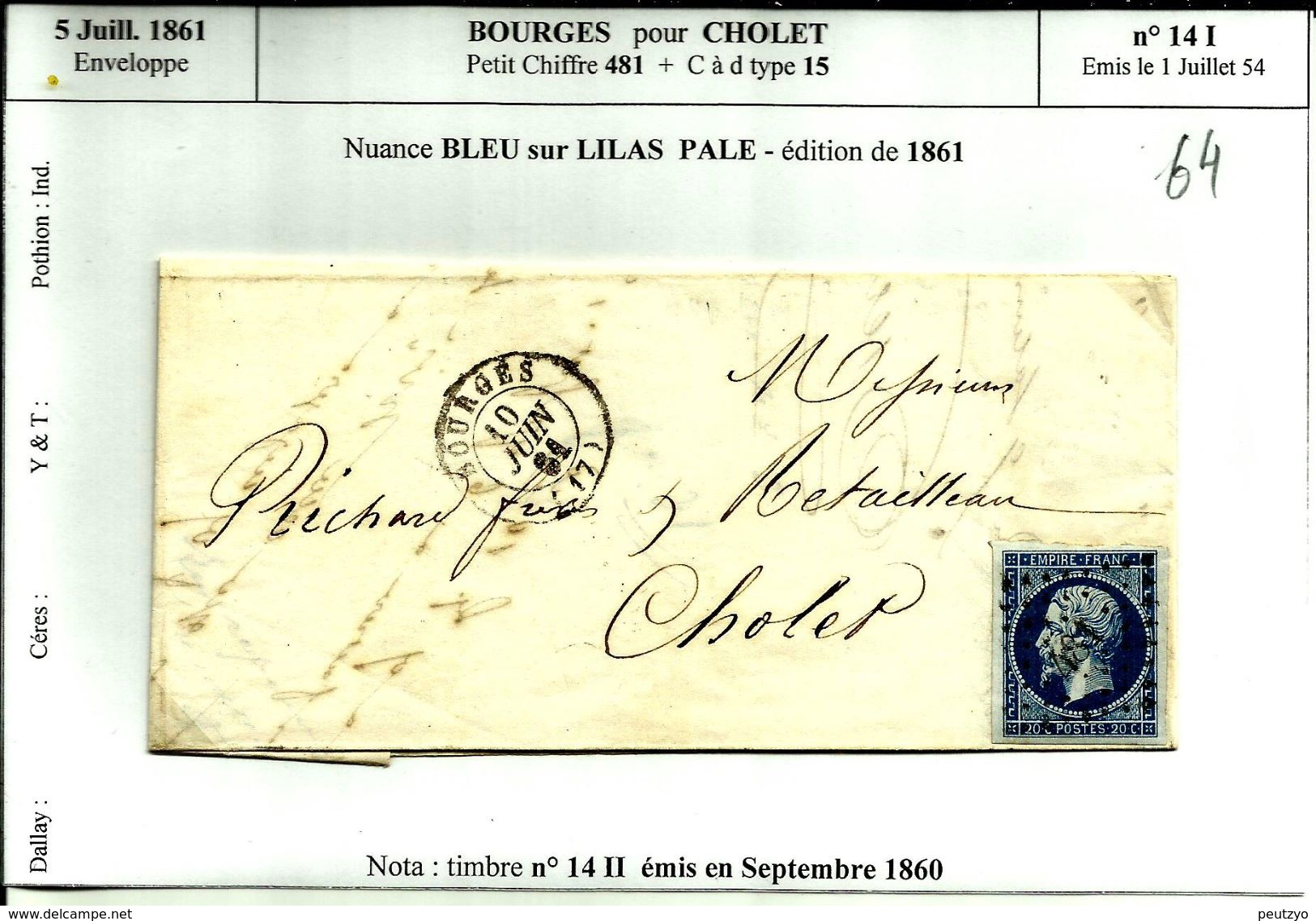 Enveloppe  5 Juill 1861 Bourges Pour  Cholet PC 481  Type 15 N°64 - 1853-1860 Napoléon III