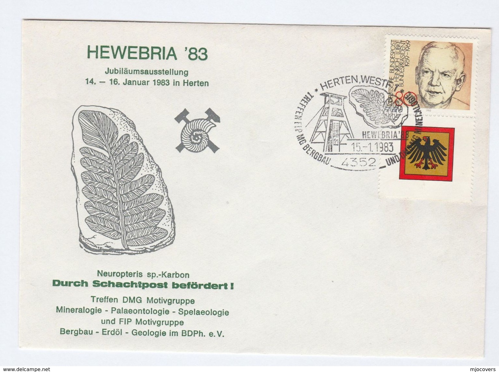 1983 Hewebria PALAENTOLOGY MINEROLOGY EVENT COVER Ilus FOSSIL Minerals Stamps Germany Prehistory Prehistoric - Prehistory