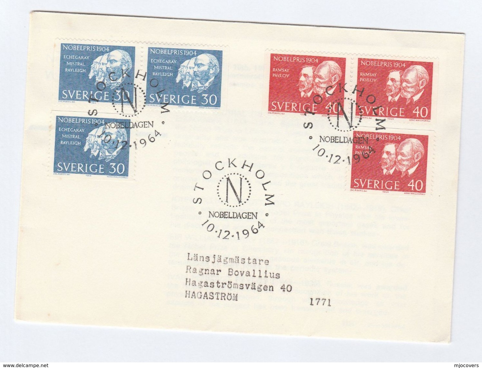 1964 SWEDEN FDC   NOBEL PRIZE  Ramsay CHEMISTRY , Pavlov MEDICINE , Rayley PHYSICS , Mistral  LITERATURE Stamps Cover - Chemistry