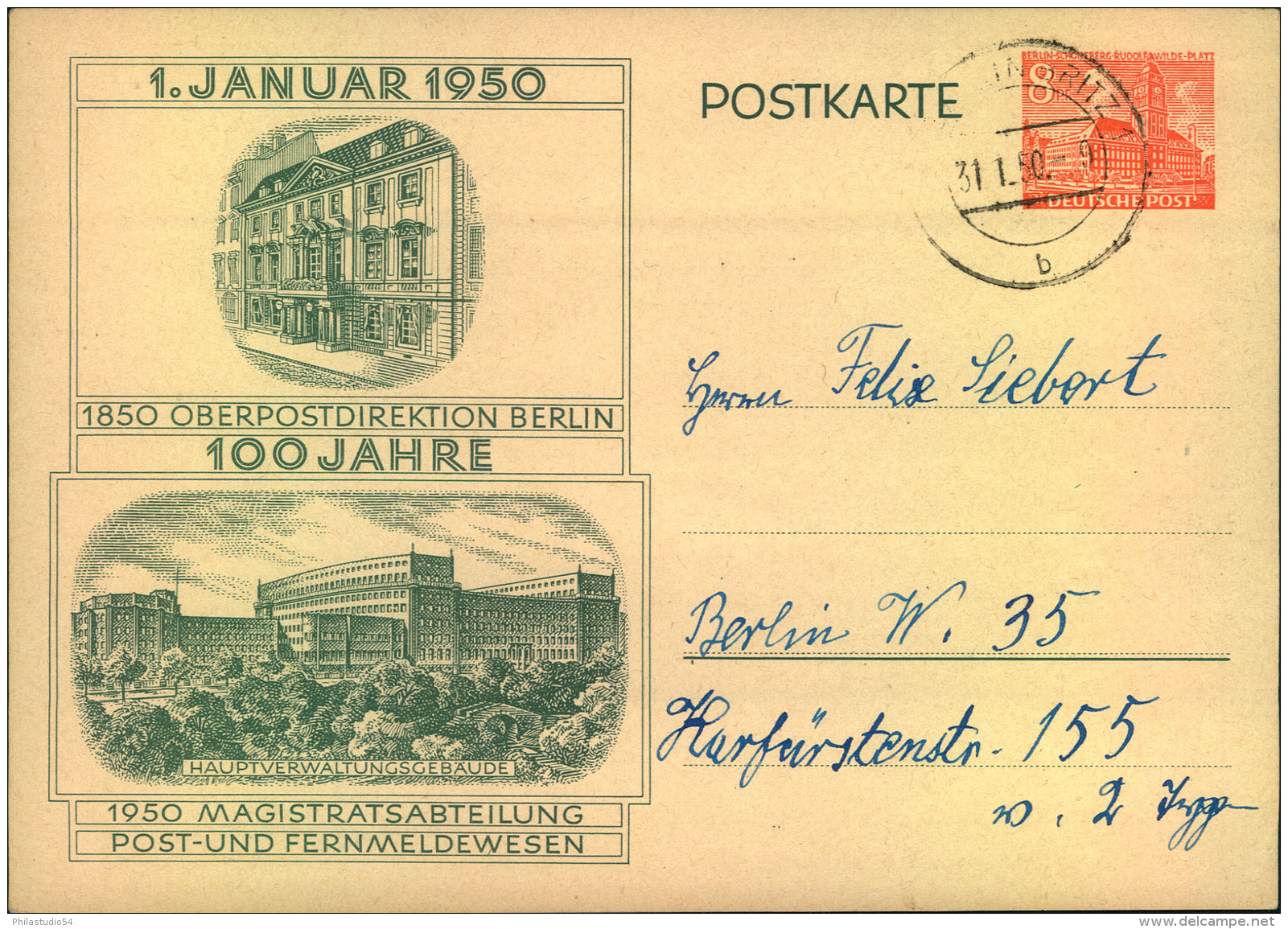 1950, 8 Bauten Ganzsachenkarte 100 Jahre OPD Berln, Bedarfsgebraucht B BERLIN-BRITZ. - Other & Unclassified