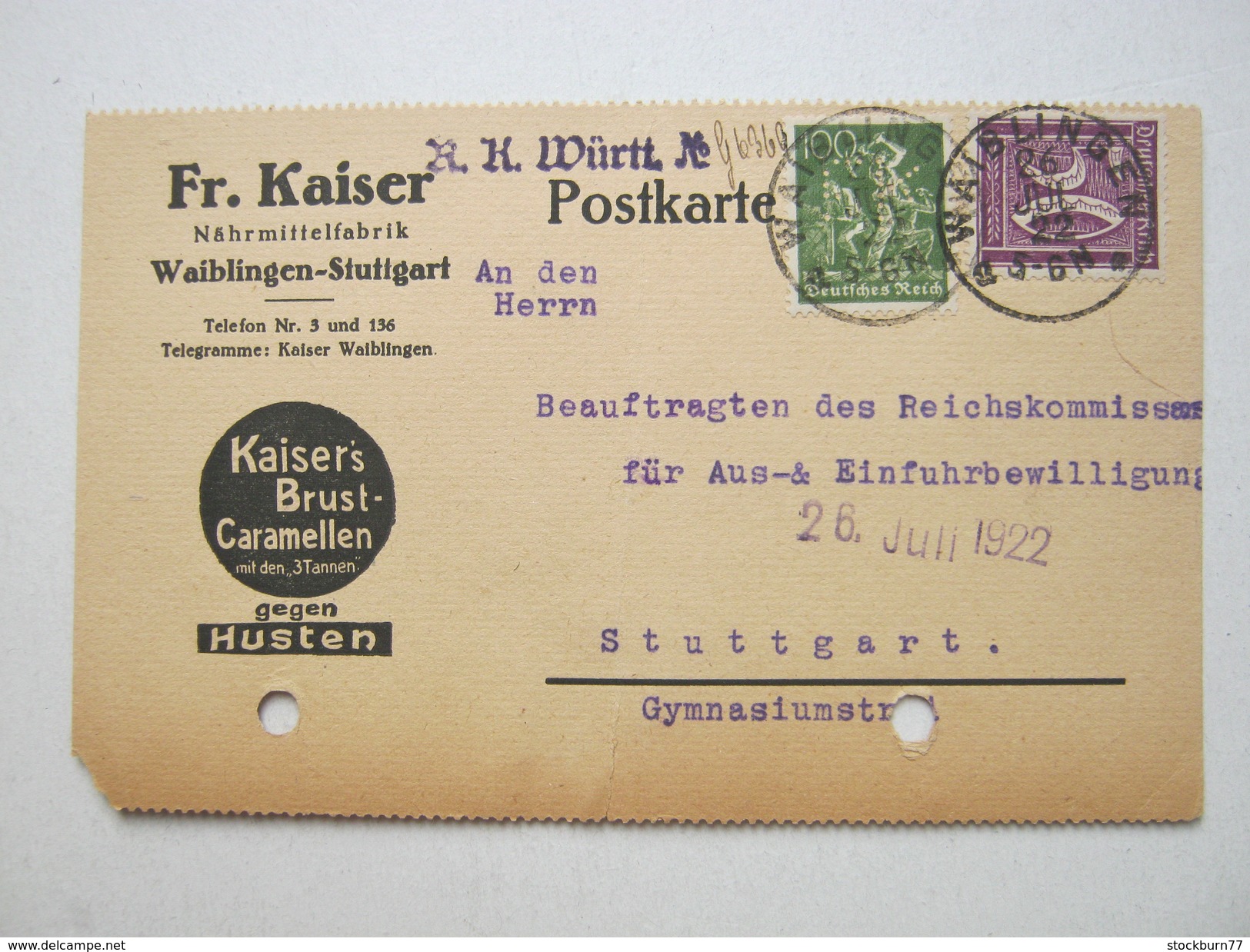 1922 , Waiblingen   Firmenlochung , Perfin , Beleg , Eine Marke Mit Firmenlochung - Briefe U. Dokumente