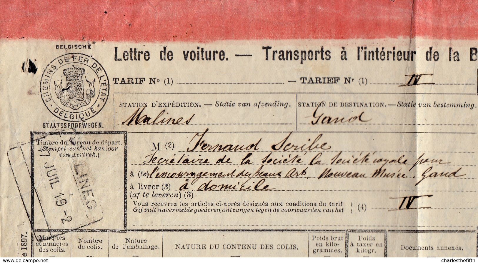 LETTRE DE VOITURE - 1902 MALINES > GAND - Tableau  FERNAND SCRIBE (société Encouragement Beaux Arts ) Nouveau Musée Gand - Autres & Non Classés