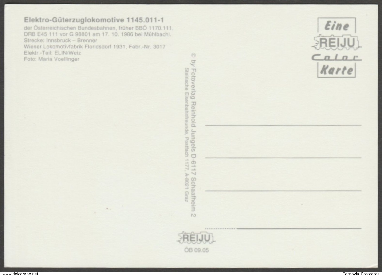 Österreichischen Bundesbahnnen Elektro-Güterzuglokomotive 1145.011-1 - Reiju Postcard AK - Trains