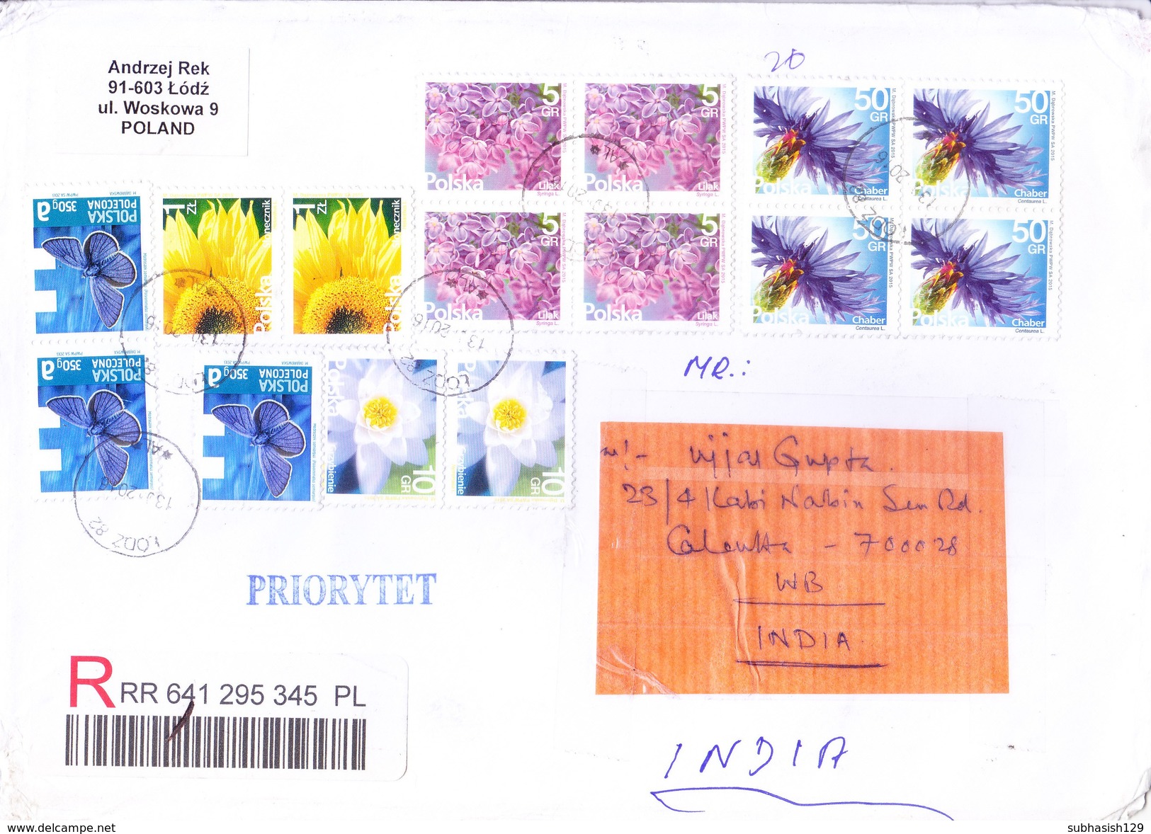 POLAND 2016 REGISTERED COVER BOOKED FROM LODZ 82 FOR INDIA - USE OF 15v STAMPS INCLUDING 4v BLOCK IN 2 NOS. - Covers & Documents