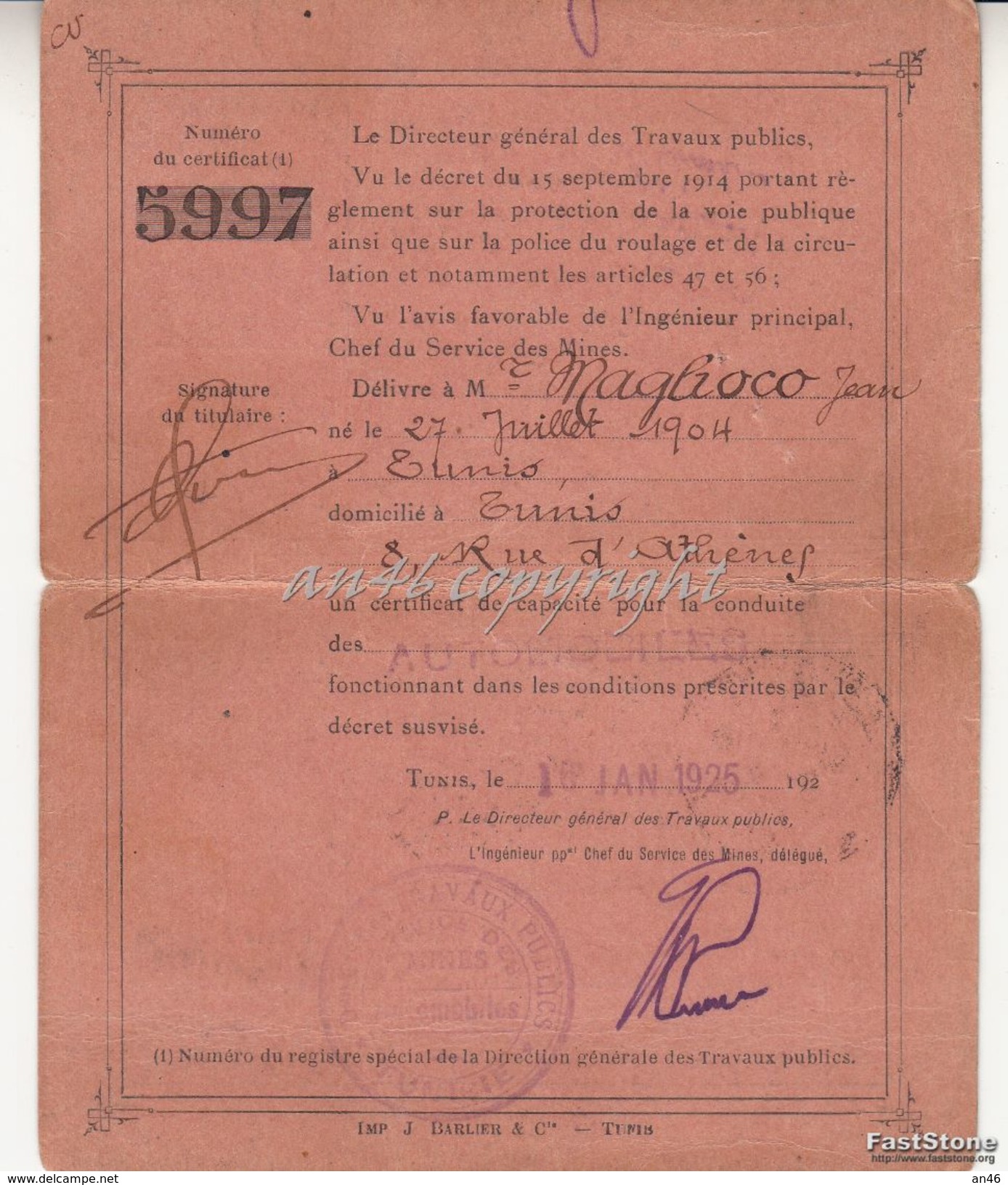 REGENCE De TUNIS_Tessera_CERTIFICAT De CAPACITE' Pour La Conduite Des AUTOMOBILES_Tunis Le 16 JAN 1925-GOOD CONDITION- - Collections