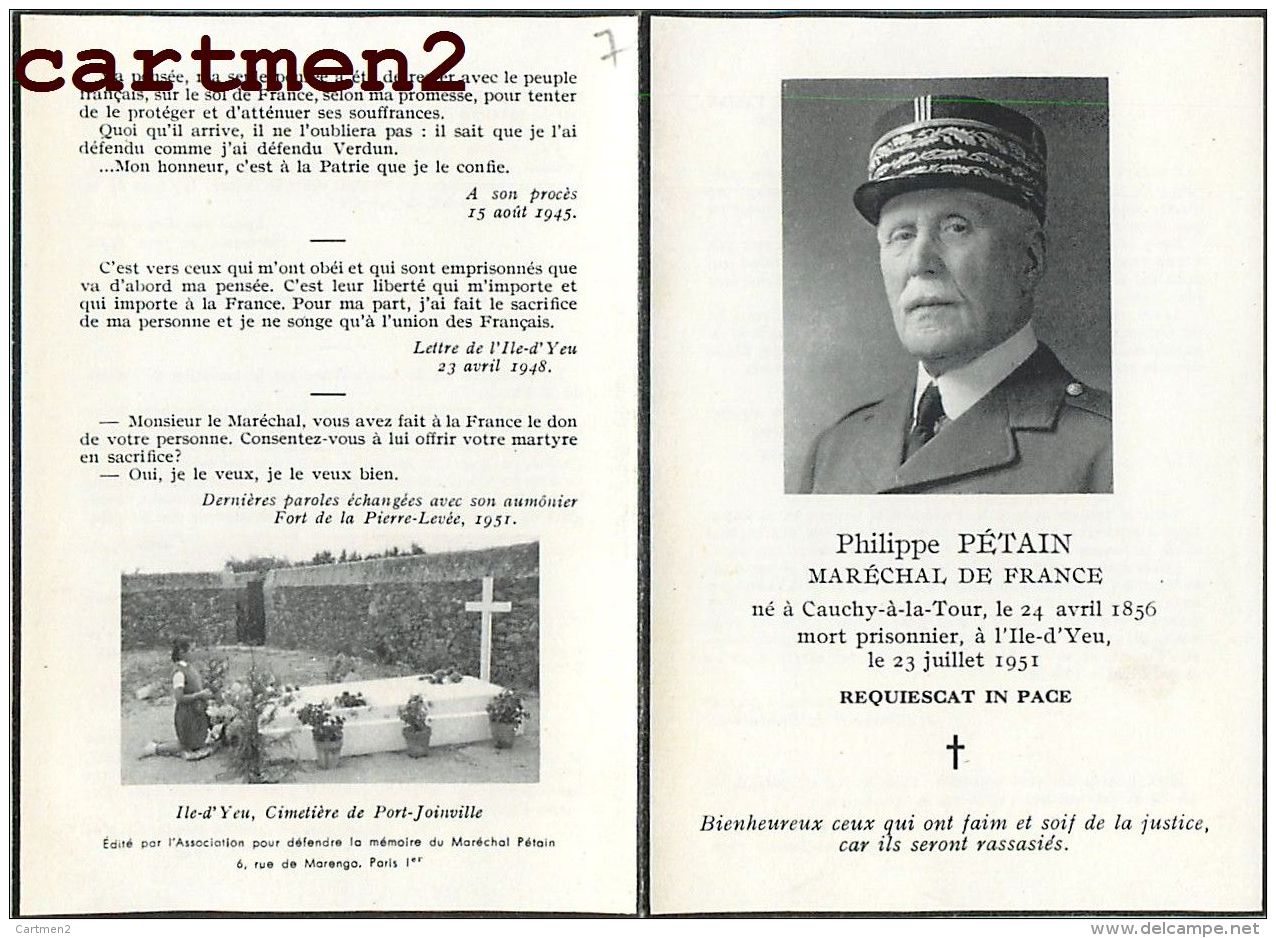 FAIRE-PART DE DECES DOUBLE DU MARECHAL PHILIPPE PETAIN GUERRE CAUCHY-A-LA-TOUR ILE-D&acute;YEU COLLABORATION VICHY TOMBE - Décès