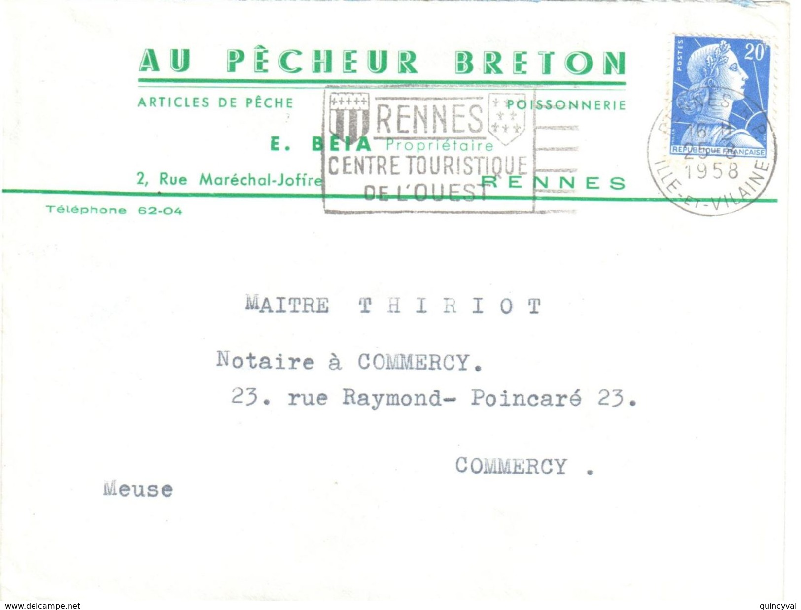 3997 Enveloppe Entête AU PECHEUR BRETOON  BEIA RENNES Ob 1958 Muller 20 F Yv 1011B - Alimentare