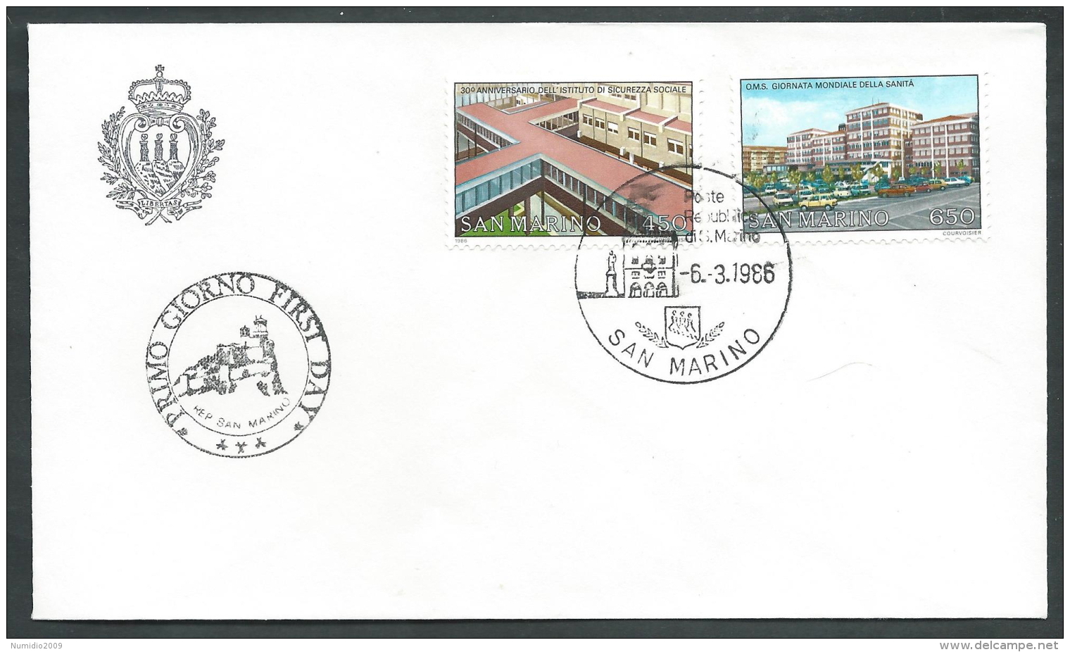 1986 SAN MARINO FDC GIORNATA DELLA SANITA NO TIMBRO ARRIVO - KS3-5 - FDC