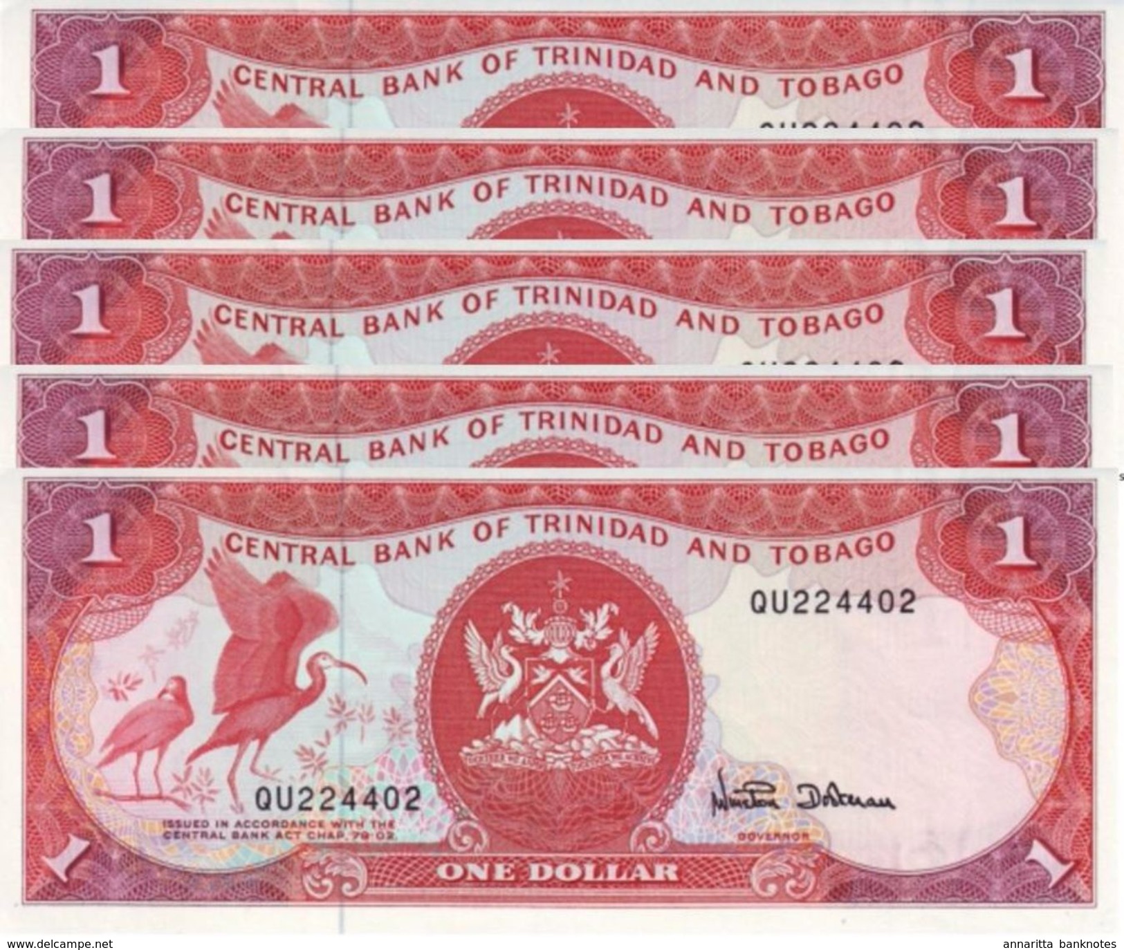 Trinidad & Tobago 1 Dollar ND (1997), UNC (P-36d, B-211d)  5 Pcs - Trindad & Tobago