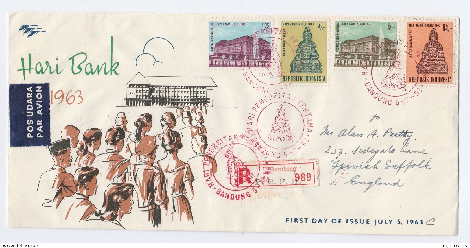 1963 REGISTERED Air Mail INDONESIA FDC Stamps HARI BANK  Cover  Banking Finance - Indonesia