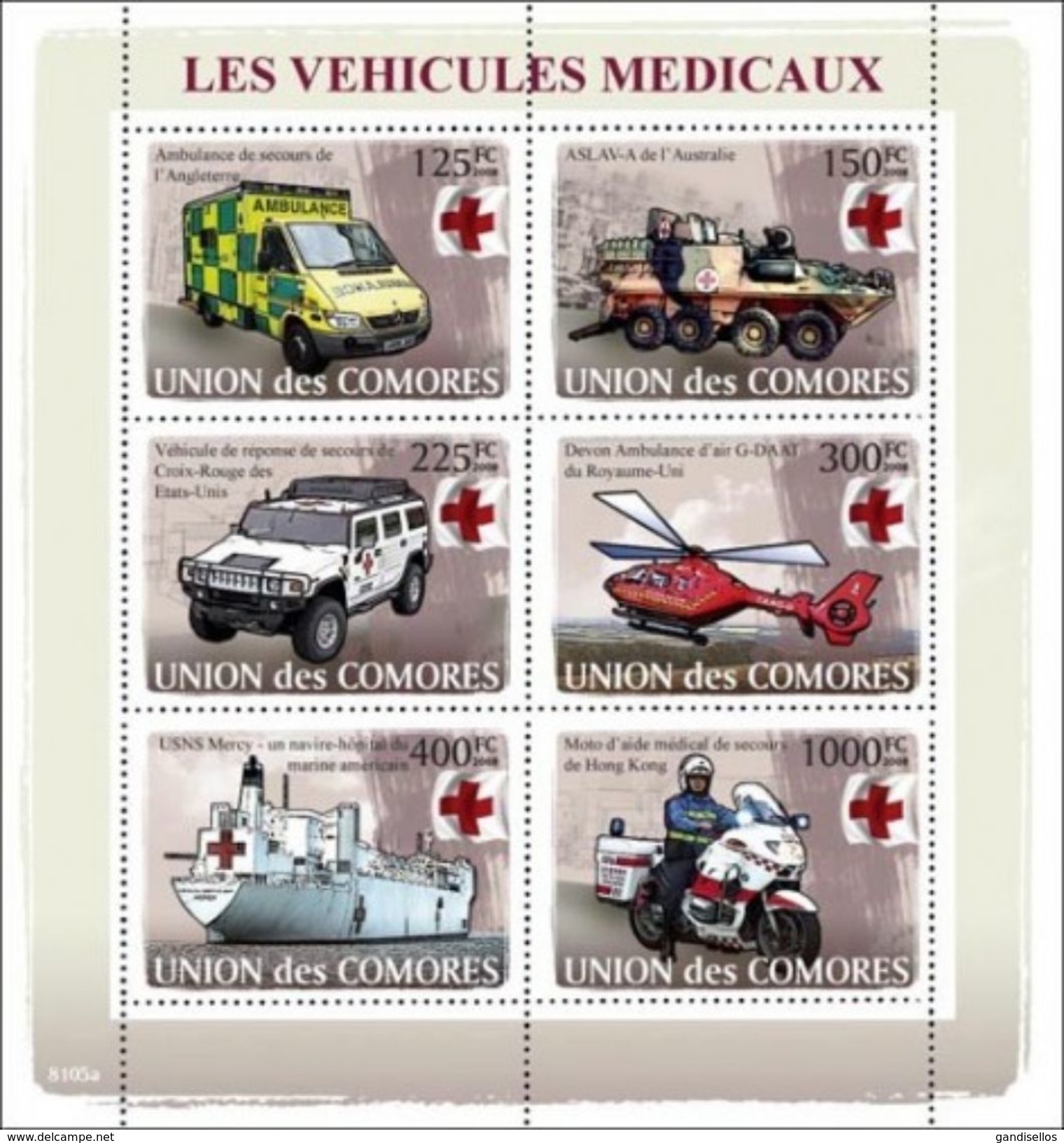 COMORES 2008 SHEET VEHICULES MEDICAUX CROIX ROUGE INTERNATIONALE MEDICAL VEHICLES RED CROSS RESCUE TRANSPORTS Cm8105a - Comoros