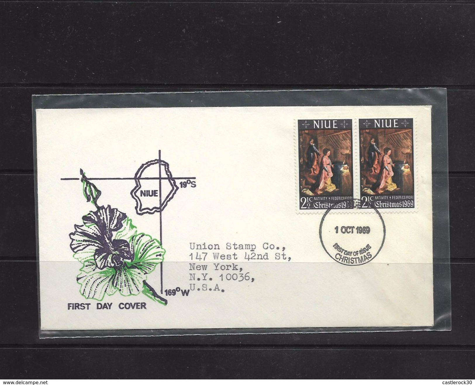 O) 1969 NIUE, CHRISTMAS- PAINTING ADORATION ON TH KING-THE HOLY FAMILY BY  FEDERICO FLOREZ, FDC TO USA,XF - Niue