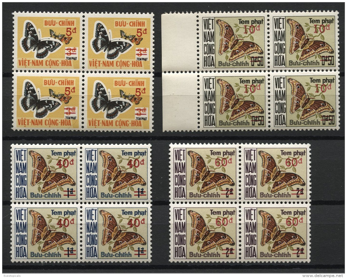SOUTH VIETNAM - BUTTERFLIES - Complete Set Due Stamps, Never Hinged Blocks Of 4 **! - Viêt-Nam