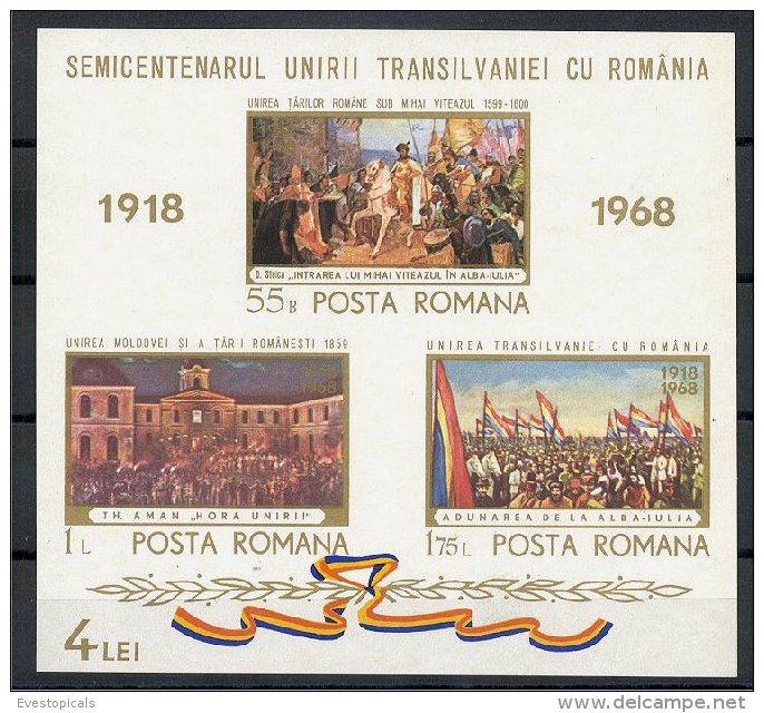 ROMANIA, SHEETLET 50 ANNIVERSARY OF UNION WITH TRANSSILVANIA 1968 - Neufs