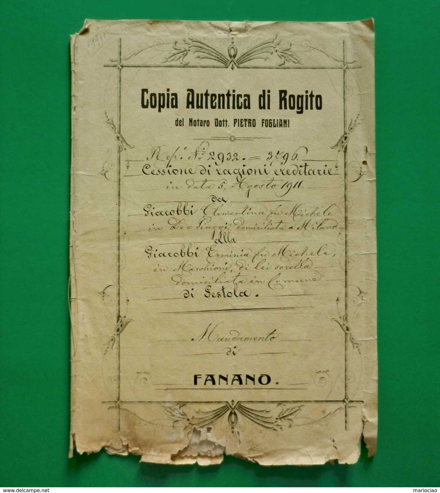 D-IT Regno D'Italia FANANO MODENA 1911 CESSIONE DI RAGIONI EREDITARIE - Documents Historiques