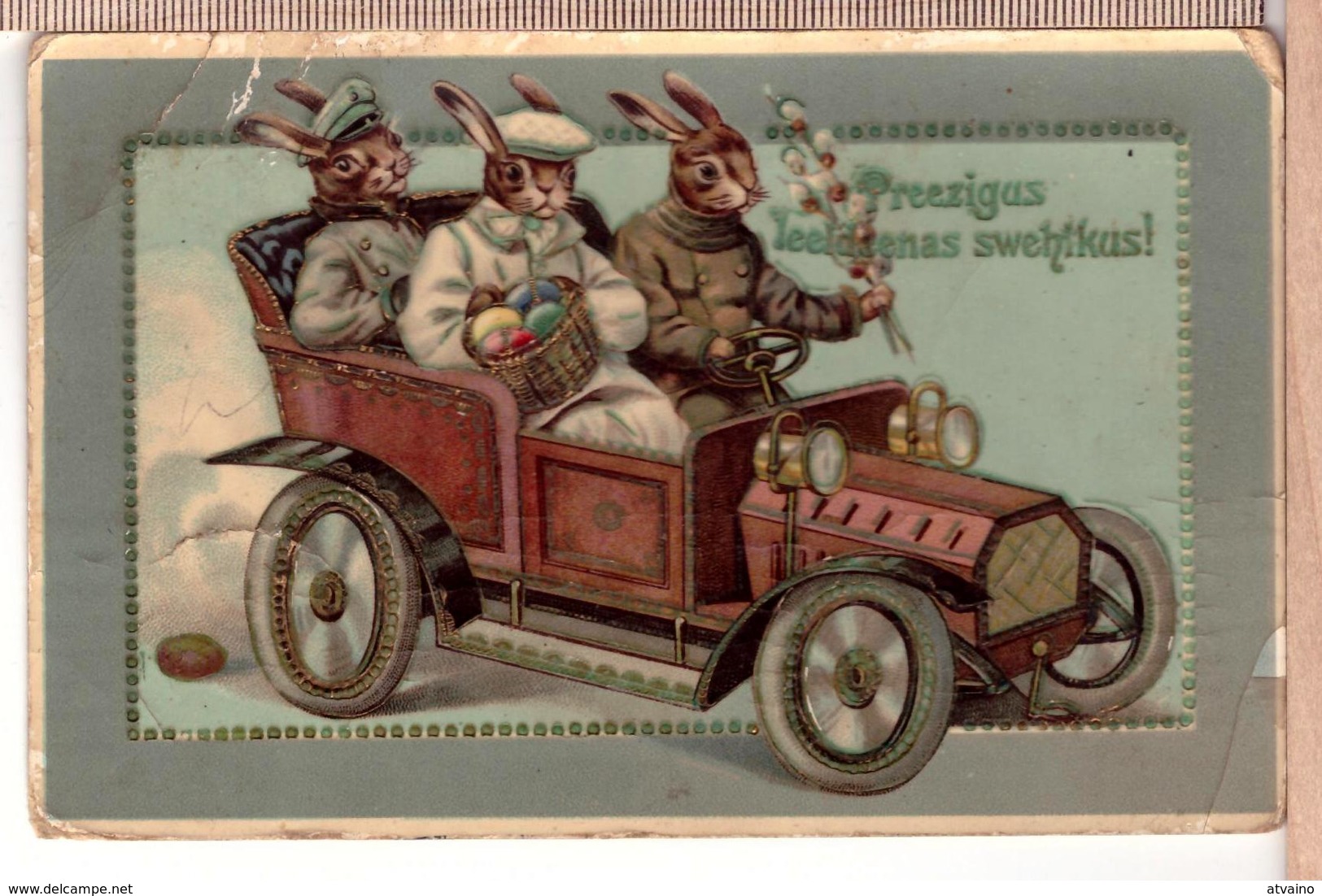 Dressed Easter Rabbits Driven Vintage Car. Embossed Thiele Vintage 1914 Postcard - Thiele, Arthur