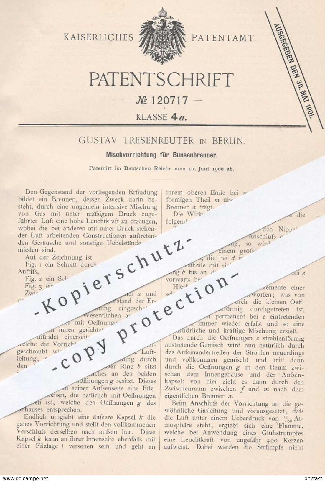 Original Patent - Gustav Tresenreuter , Berlin , 1900 , Mischvorrichtung Für Bunsenbrenner | Brenner , Gas , Gasbrenner - Historische Dokumente