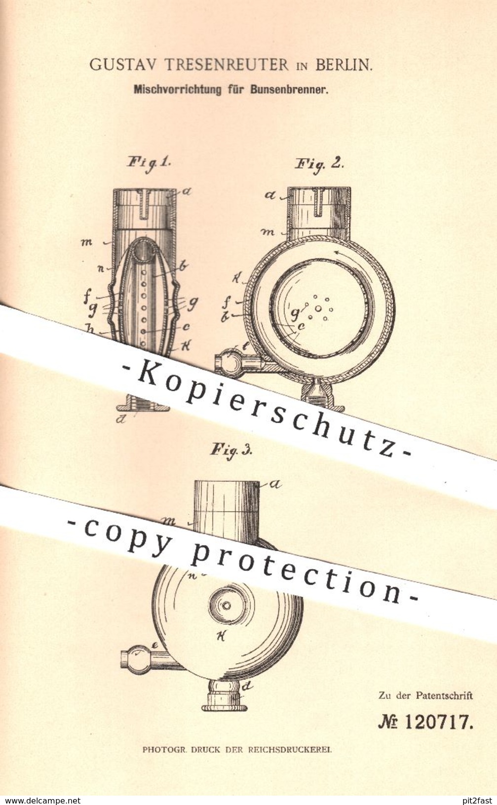 Original Patent - Gustav Tresenreuter , Berlin , 1900 , Mischvorrichtung Für Bunsenbrenner | Brenner , Gas , Gasbrenner - Historische Dokumente