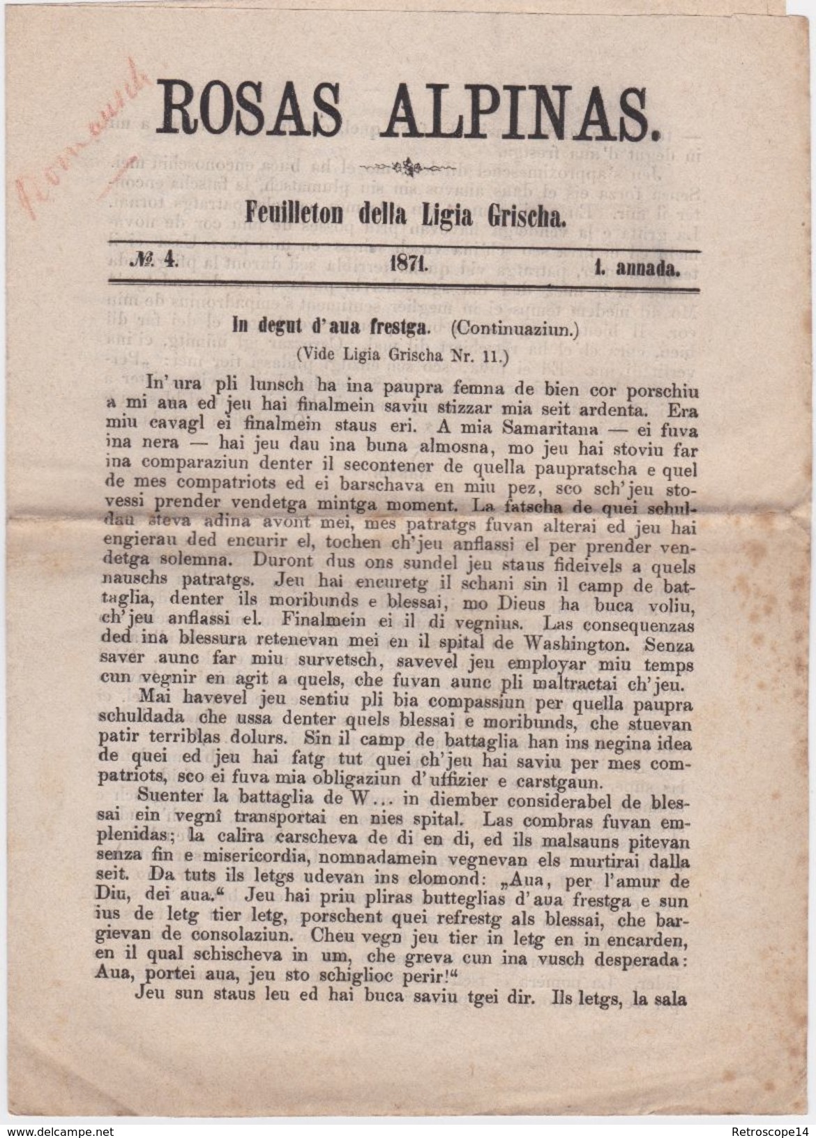 TRÈS RARE. Journal LA LIGIA GRISCHA 1871 + Feuilleton. Cuera (Coire), Romanche / Rumantsch, Langue Romane. HELVETICA. - Revues & Journaux