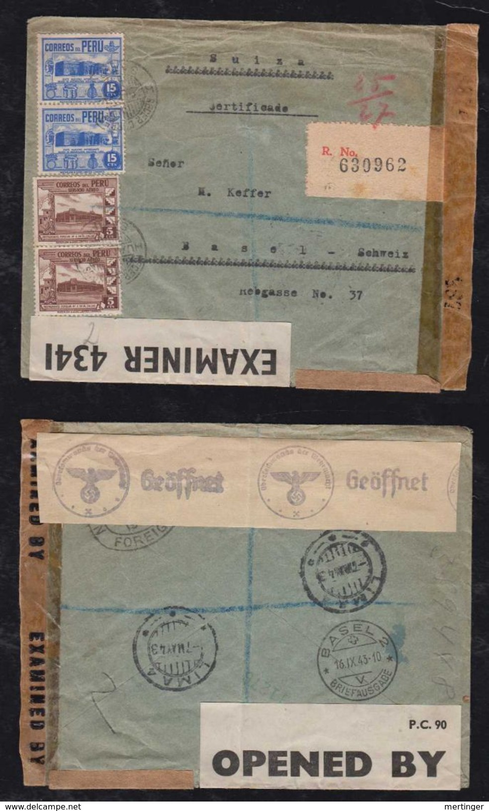 Peru 1943 Registered Triple Censor Cover To BASEL Switzerland - Peru