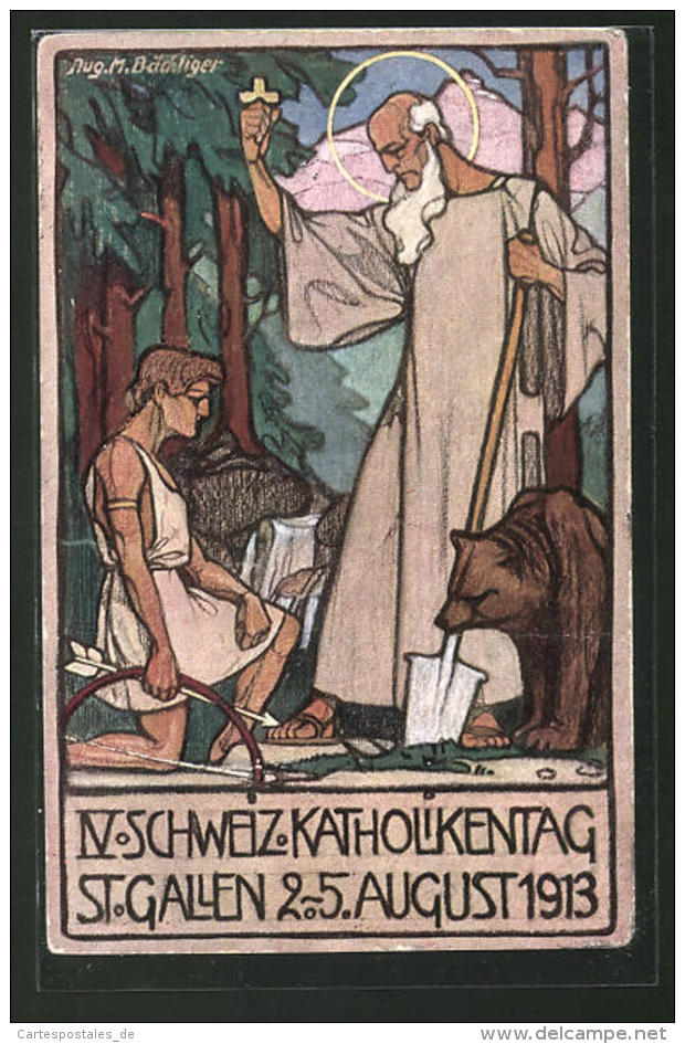 Künstler-AK St. Gallen, IV. Schweiz. Katholikentag 1913, Bogenschütze Kniet Vor Einem Heiligen - Saint-Gall