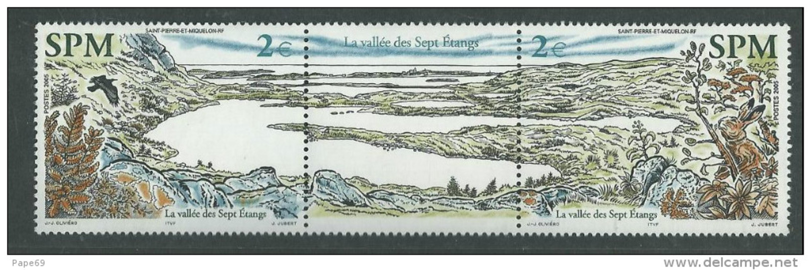 St Pierre Et Miquelon N° 853 / 54 XX La Vallée Des Sept Etangs Les 2 Valeurs Avec Vignette Centrale Sans Charnière,TB - Used Stamps