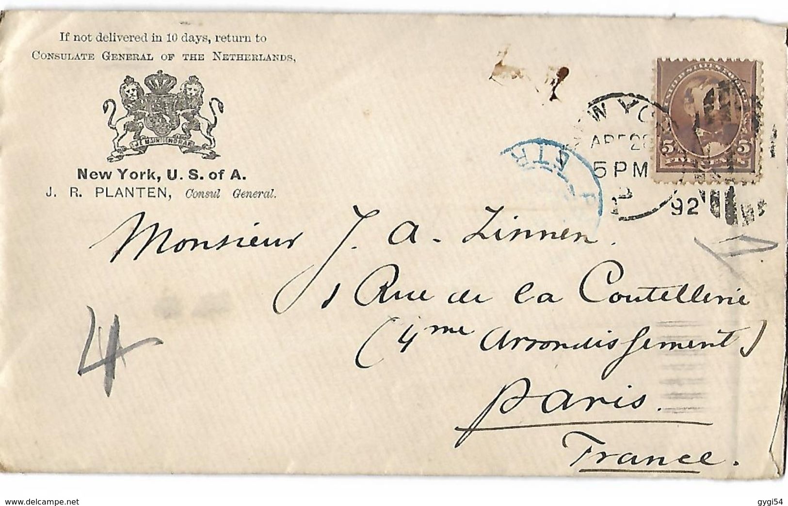 Lettre De New - York  28 Avril 1894 Vers Paris - Other & Unclassified