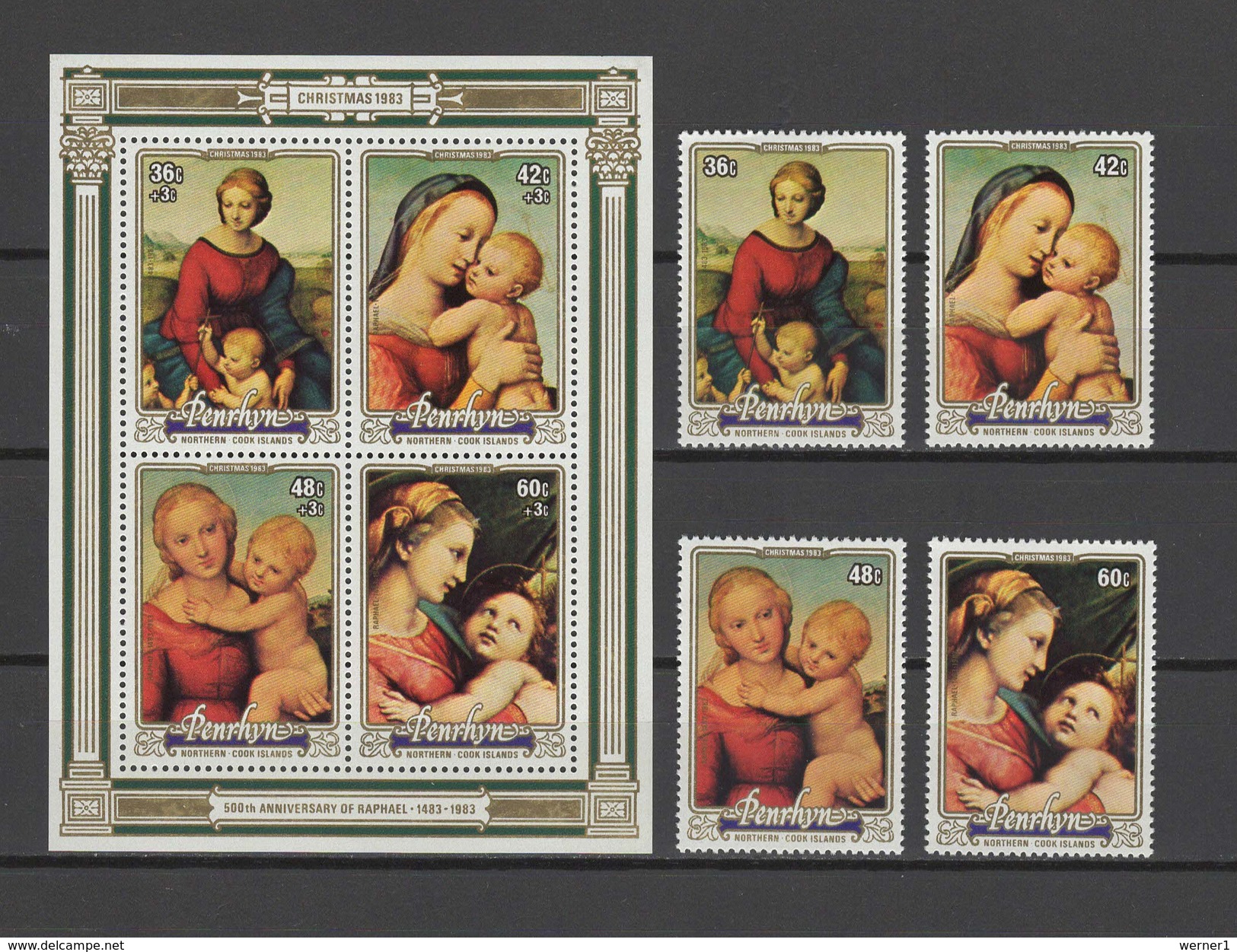 Penrhyn 1983 Paintings Raphael - Raffael, Christmas Set Of 4 + S/s MNH - Altri & Non Classificati