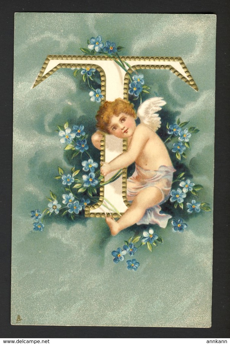 T - Letter, Forget-me-not Flowers, Embossed, Gold Gilt, Tuck No. 6114 Cupid's Alphabet - E. Clapsaddle Artist Unsigned - Clapsaddle