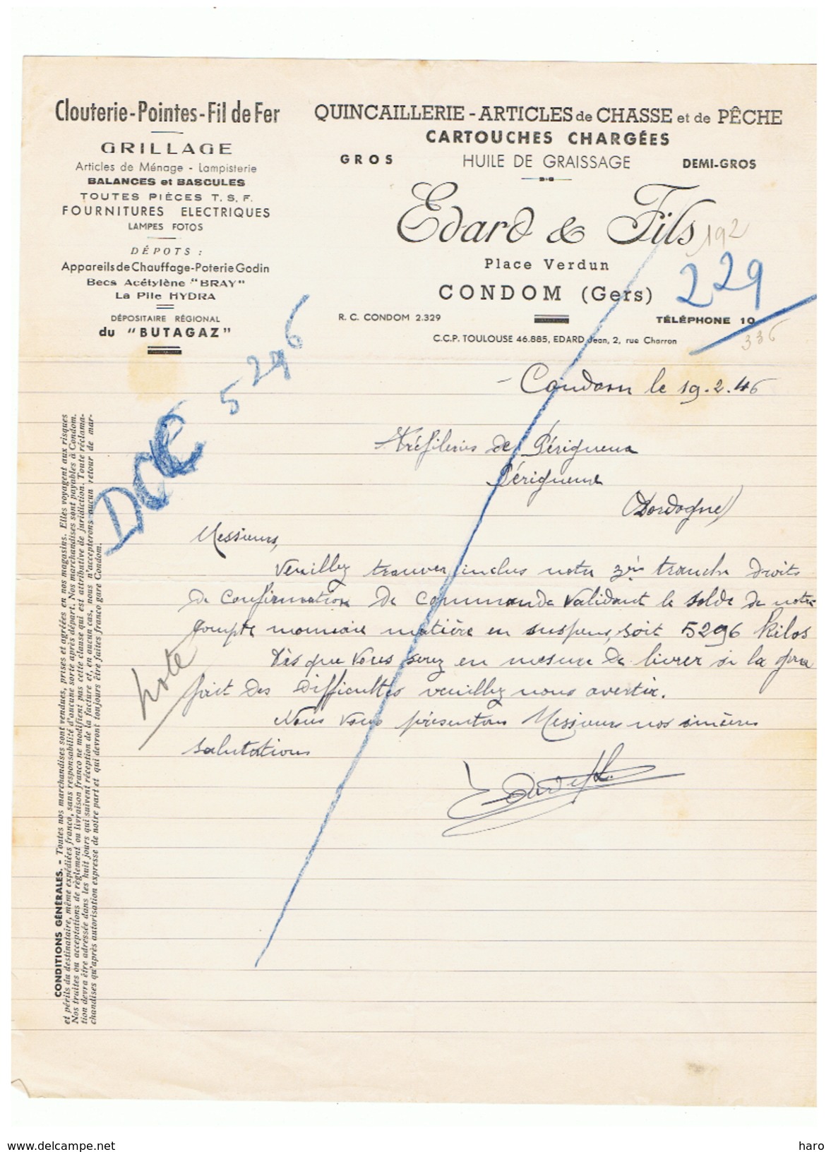 Lettre à Entête - Quincaillerie , Chasse, Pêche ELARD & Fils à CONDOM ( Gers)  1946 (fr16) - 1900 – 1949