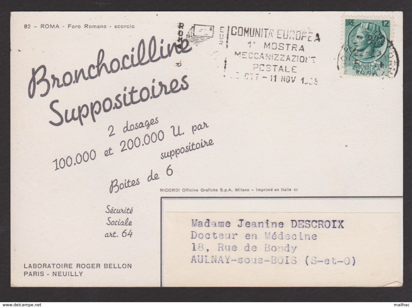 ITALIE - ROME - Comunita Europea Foire Exposition Meccanizzazione Postale - Pub Laboratoire BELLON - Other & Unclassified