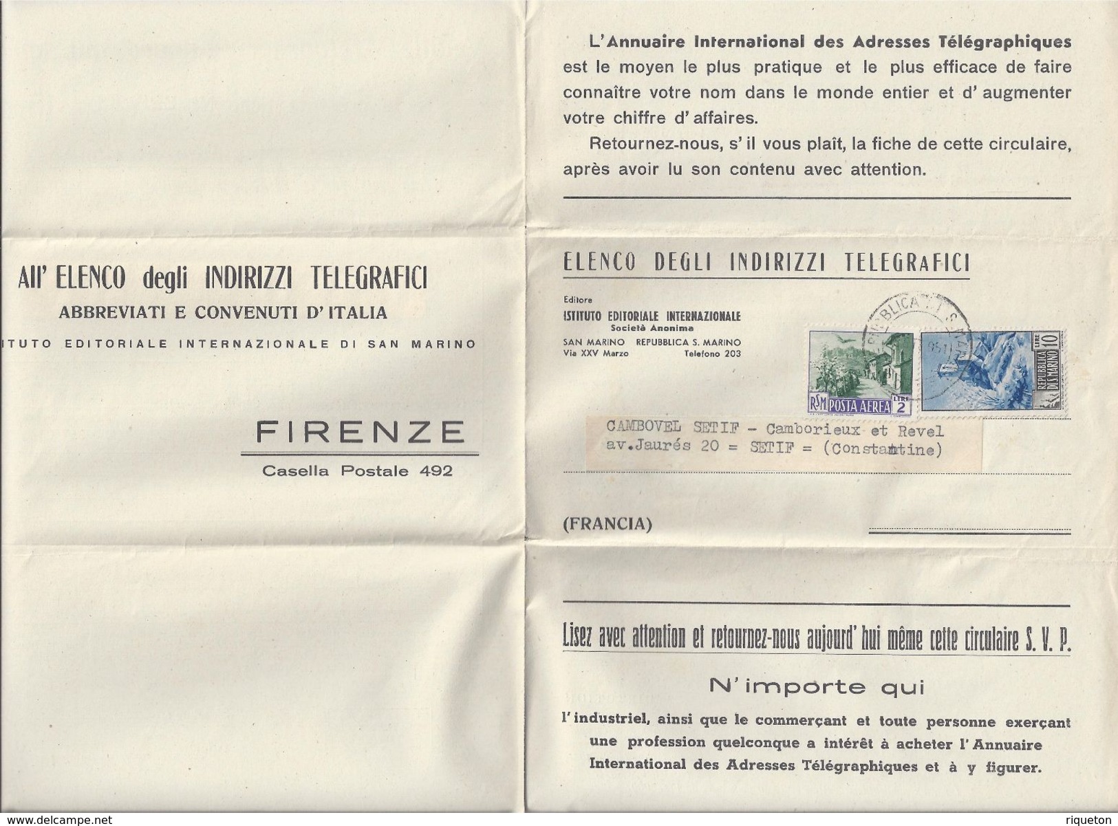 SAINT-MARIN - 1951 - " Istituto Editoriale Internazionale San-Marino " Bureau De Propagande - Offre Publicitaire - TB - - Lettres & Documents