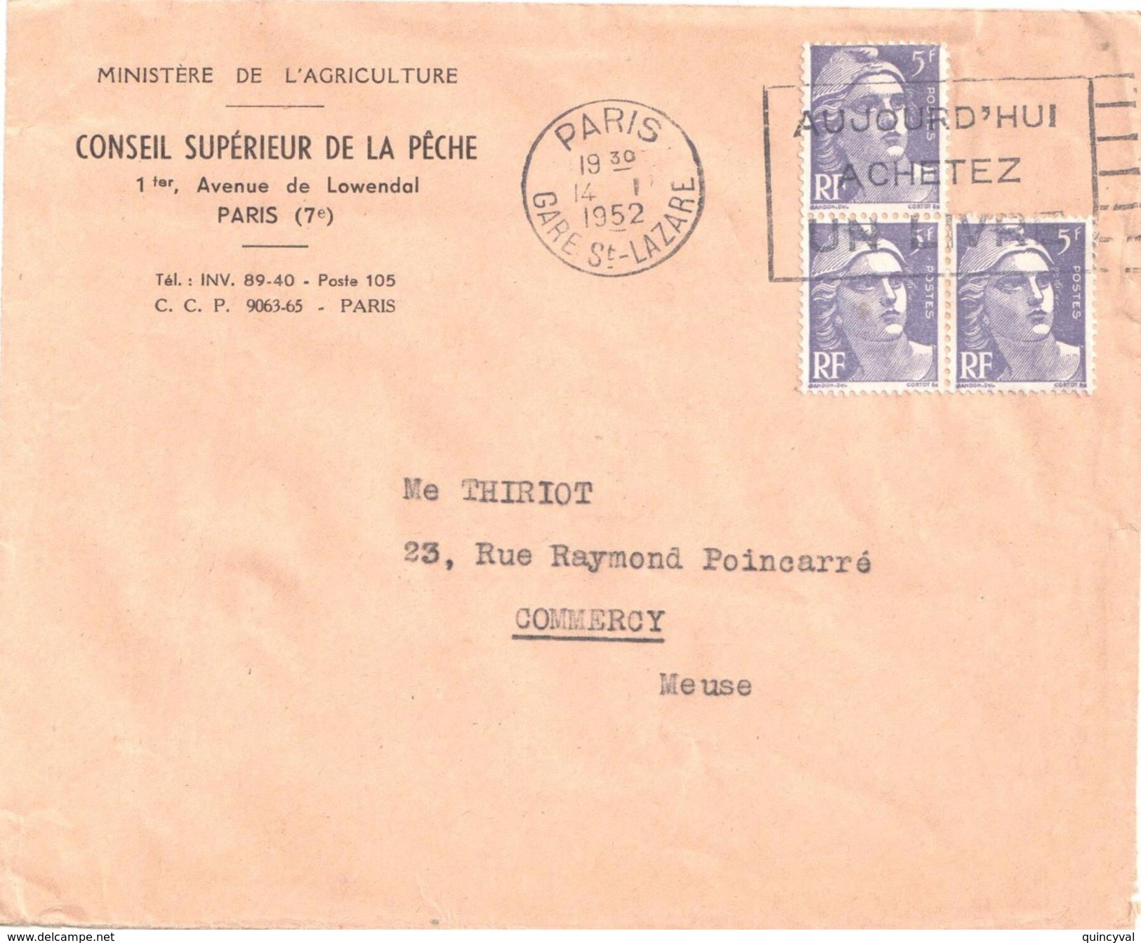 4003 PARIS Enveloppe Entête Conseil Sup PECHE Ministère Agriculture Gandon 5F Violet Yv 883 Ob Meca Dreyfus C 6219 1952 - Storia Postale