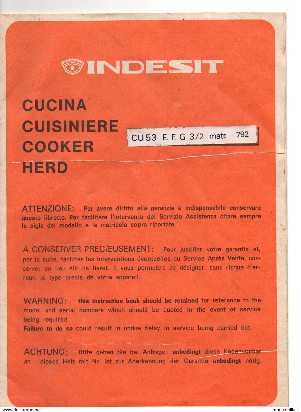 Guide D'entretien Dt D'installation De La Cuisinière INDESIT CU 53, 20 Pages, Mode D'emploi - Matériel Et Accessoires