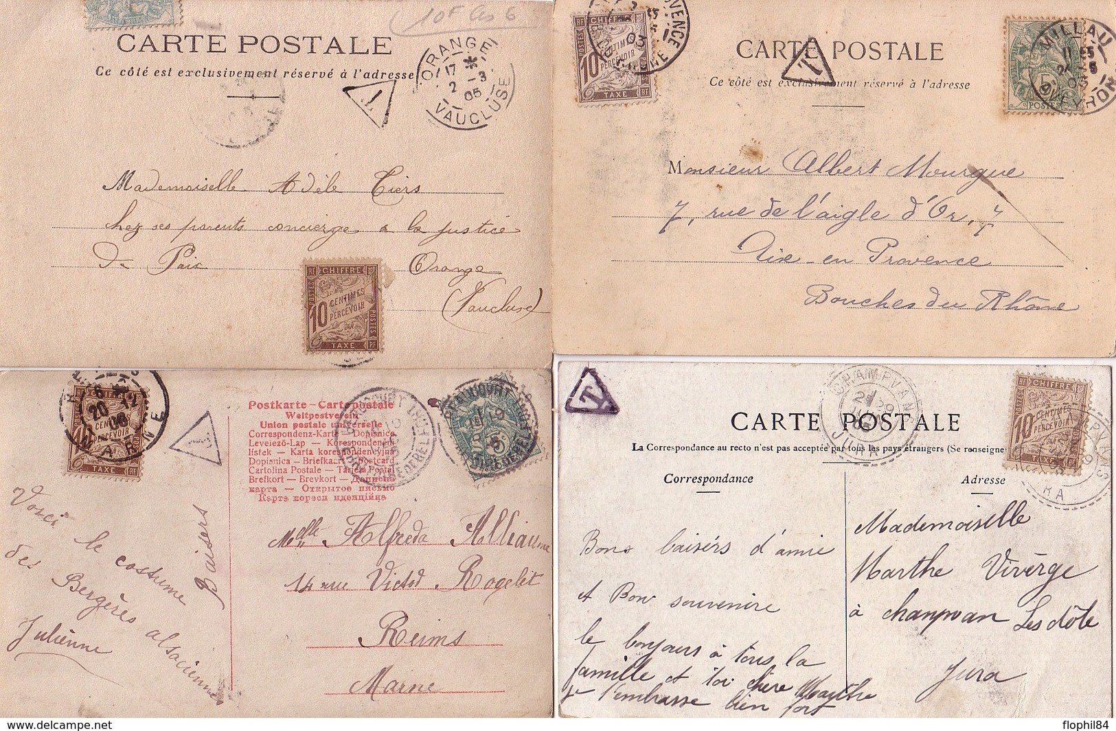 TYPE BLANC -  ENSEMBLE DE 4 CARTES POSTALES AVEC TIMBRES TAXES. - 1859-1959 Storia Postale